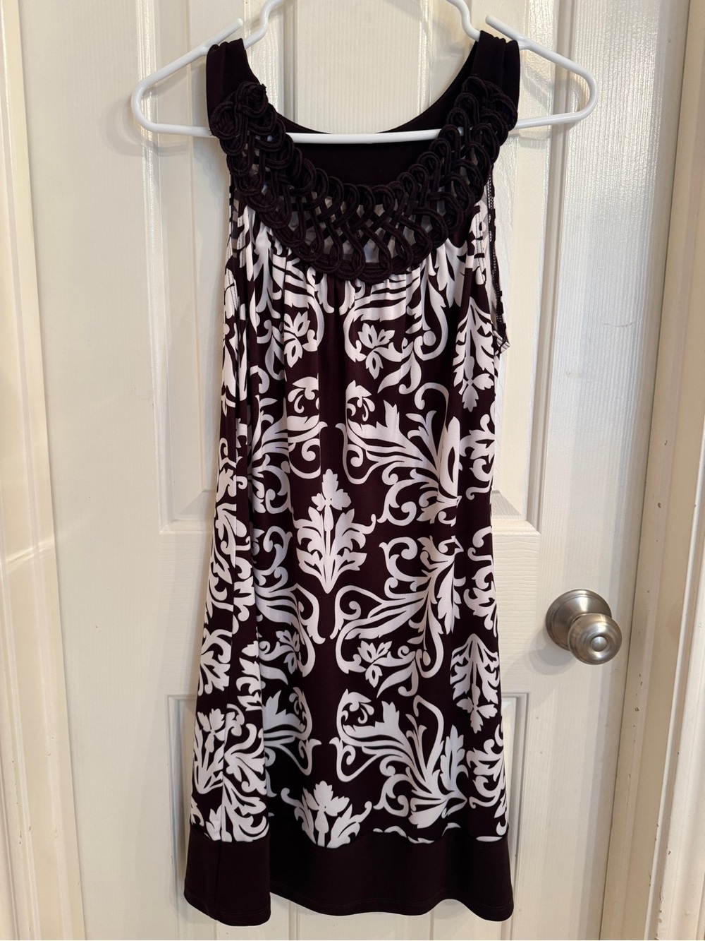 Sleeveless Brown & White Floral Print Dress with Crochet Neckline